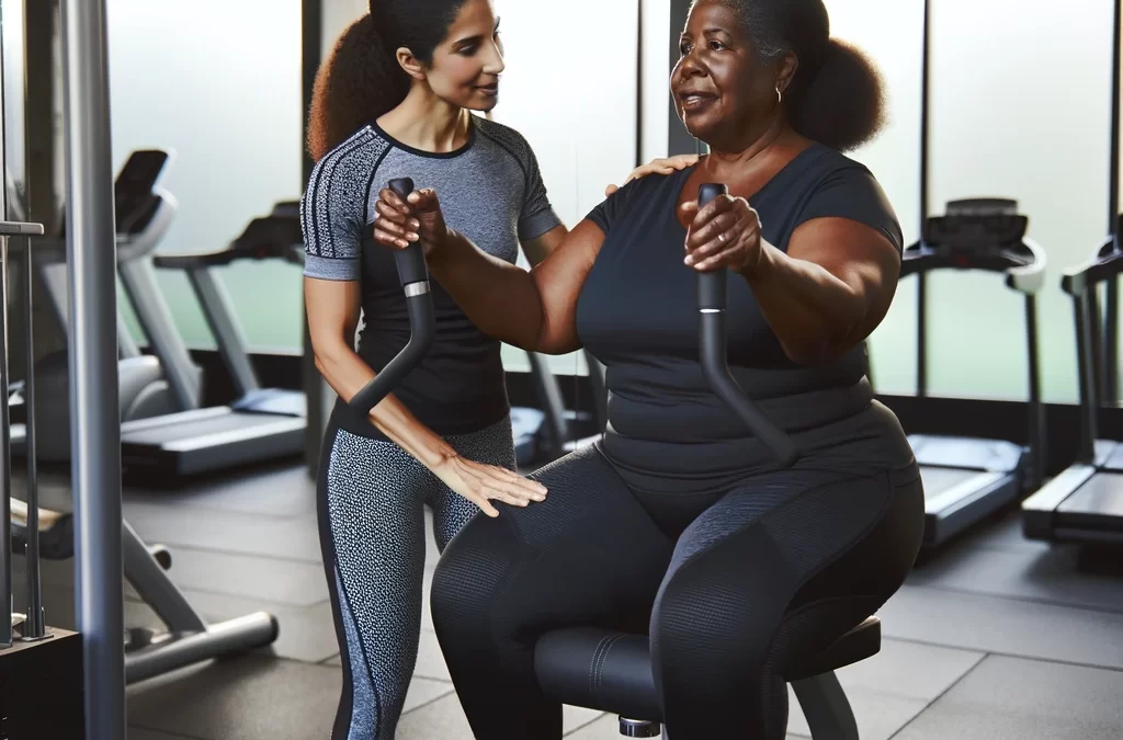 Woman on exercise machine working with personal trainer